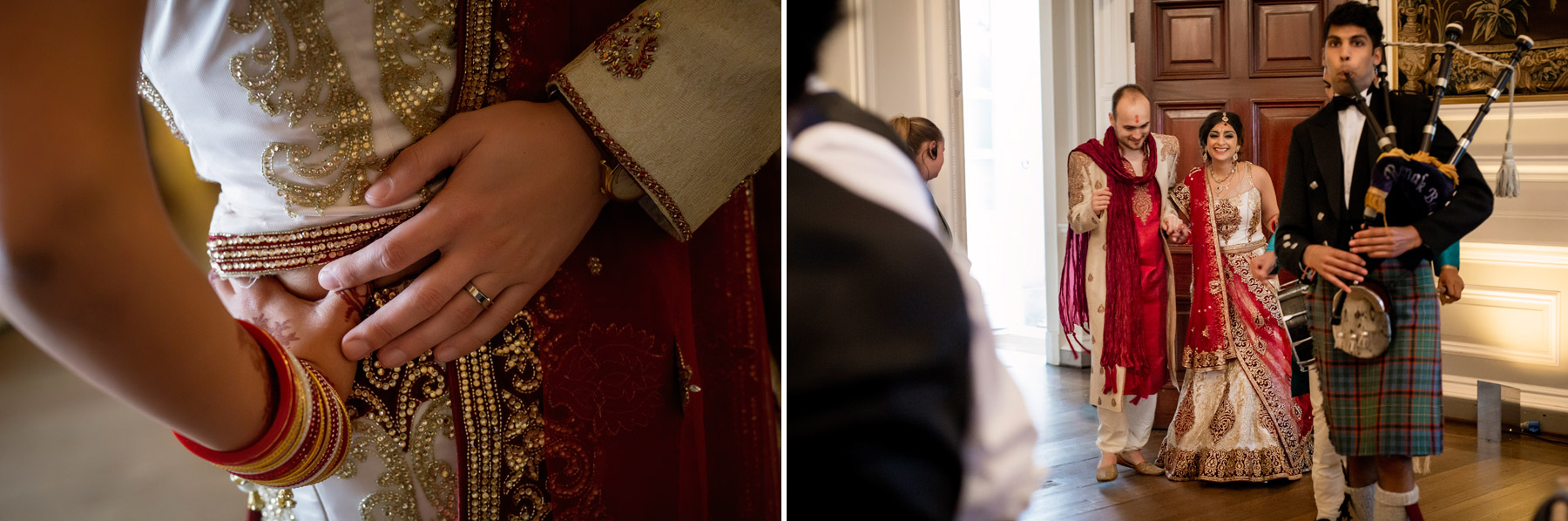 bride and groom gets piped in at hopetoun house scotland